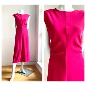 NWT Mango Raspberry Pink Recycled Polyester Padded Shoulder Ruched Dress L